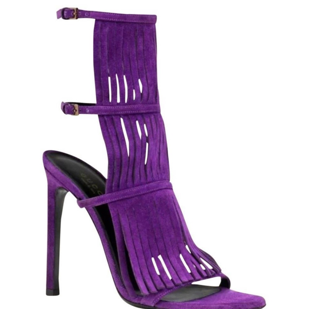 NIB GUCCI PURPLE SUEDE FRINGE BECKY GLADIATOR HEEL TALL SANDALS 36.5 6.5